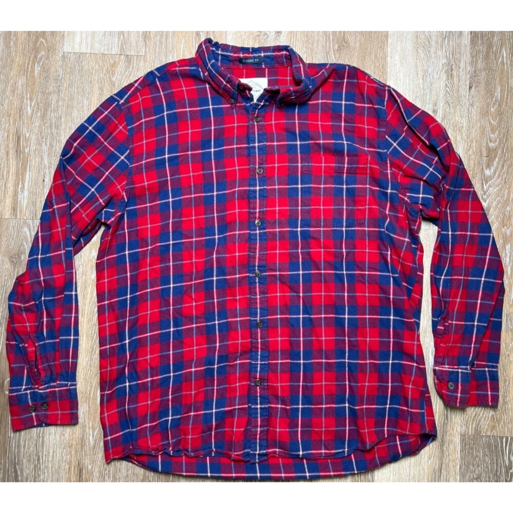 ST. JOHNS' BAY Men's Long Sleeve Flannel Plaid Shirt Red /Blue Button Down  XL